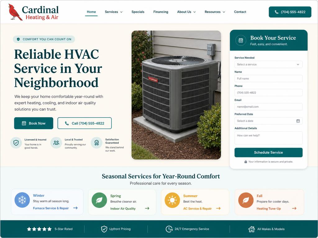Homepage of the Cardinal Heating & Air hvac website