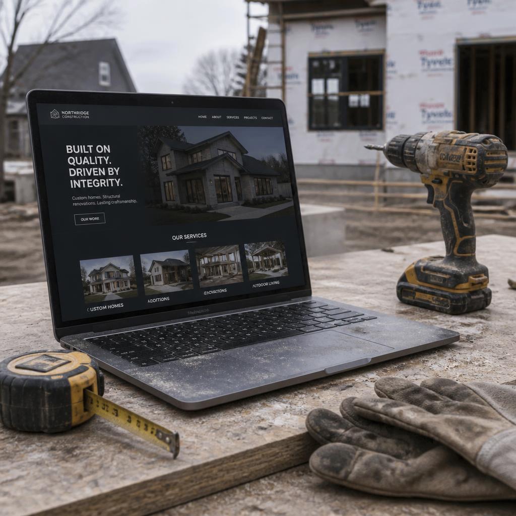Laptop on a job-site workbench showing a contractor website build in progress, next to a drill and work gloves